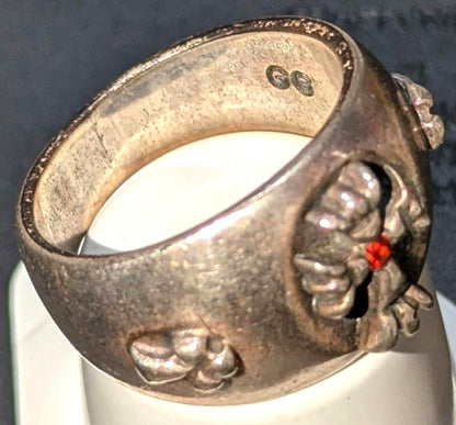 A&G Rare Silver Ring Red Ruby Stone Floral Eagle Motif Wide Band Vintage US9