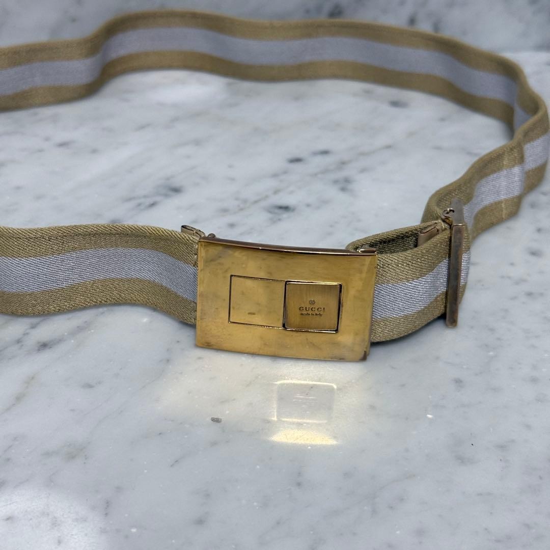 Gucci Gold Tone Buckle Elastic Belt Shelly Line Beige 90 cm 35.4" W 2.9 cm 1.1"