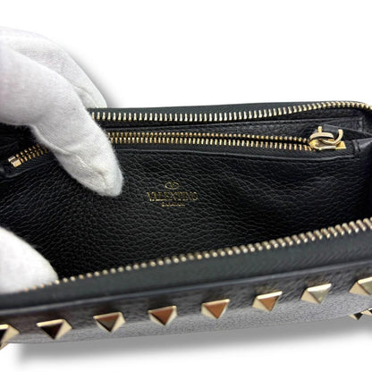 Valentino Garavani Auth Rockstud Long Zip Around Wallet Black 19x10 cm 7.5x3.9"