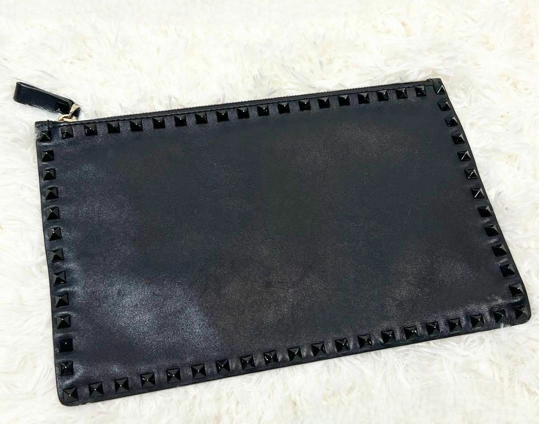 VALENTINO Garavani Rock Stud Black White Leather Clutch Hand Bag Excellent