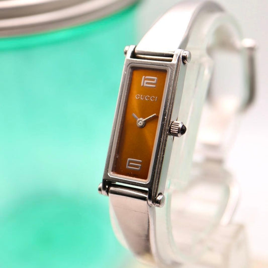 Vintage GUCCI 1500L Orange Dial Quartz Analog Bangle Watch Women Working
