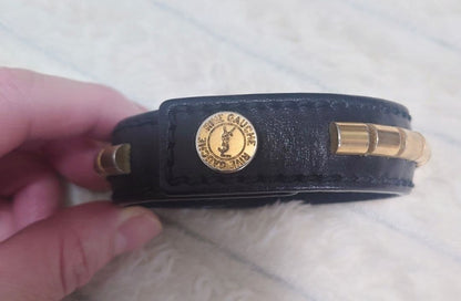 Yves Saint Laurent Rive Gauche Black Leather Studs Bracelet L 21cm 8.2" Vintage