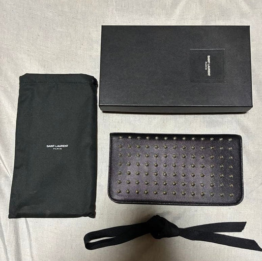 Saint Laurent Studded Black Leather Zip-Around Long Wallet Hedi Slimane era