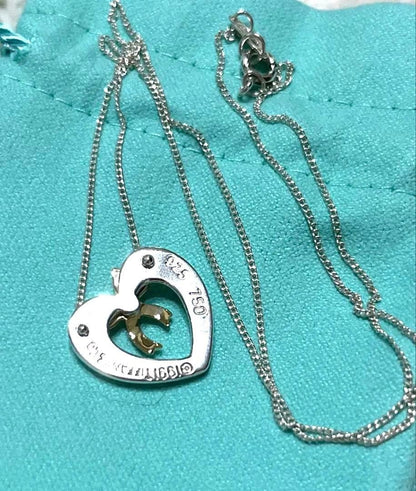 Tiffany&Co. Authentic Open Heart Ribbon Necklace 925 Silver 18K Gold 43 cm 16.9"