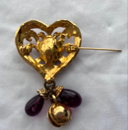 Christian Lacroix Vintage Gold Heart Brooch Purple Stone Bell Charm Used AUTH