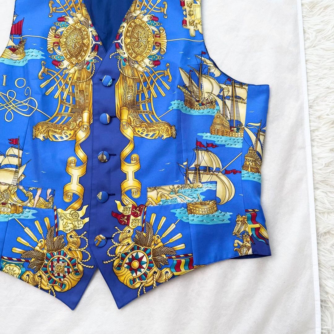 Hermes Auth Vtg Voiles et Galons Silk Scarf Print Vest Blue Size 50 Used