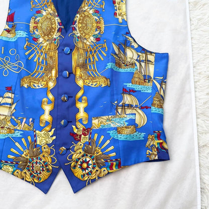 Hermes Auth Vtg Voiles et Galons Silk Scarf Print Vest Blue Size 50 Used