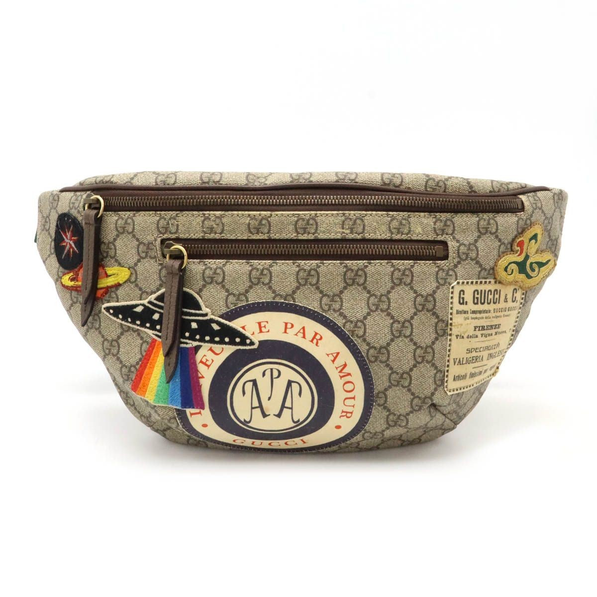 Gucci Auth GG Supreme Courier Belt Bag Khaki Beige Multicolor Applique Used