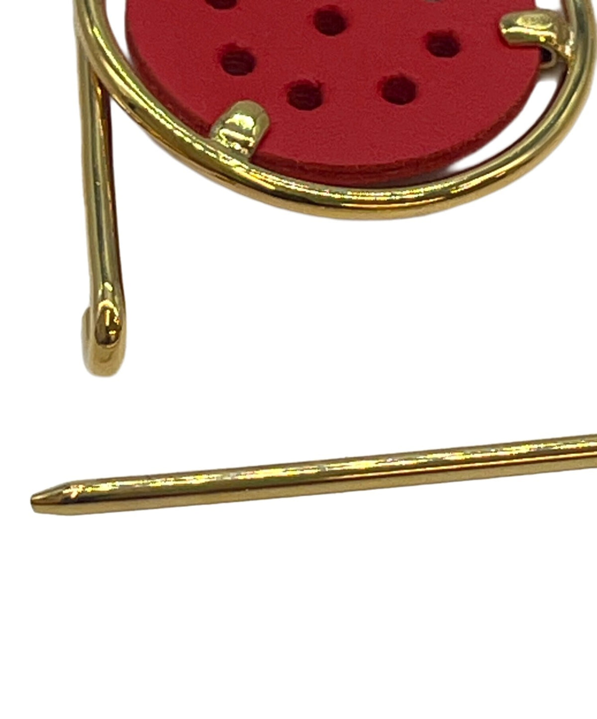 LOEWE Mecano Pin Brooch Red Leather Gold Hardware Round Safety Pin Spain Logo