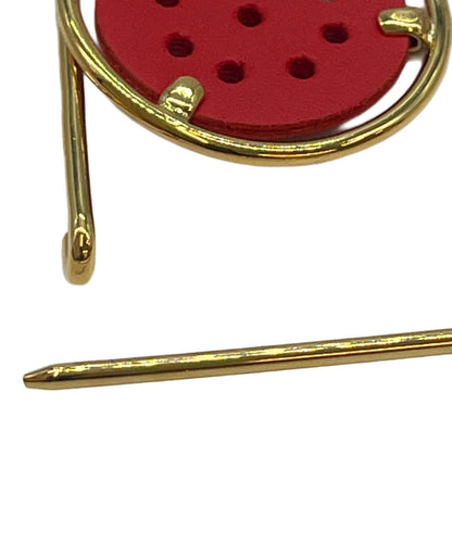 LOEWE Mecano Pin Brooch Red Leather Gold Hardware Round Safety Pin Spain Logo