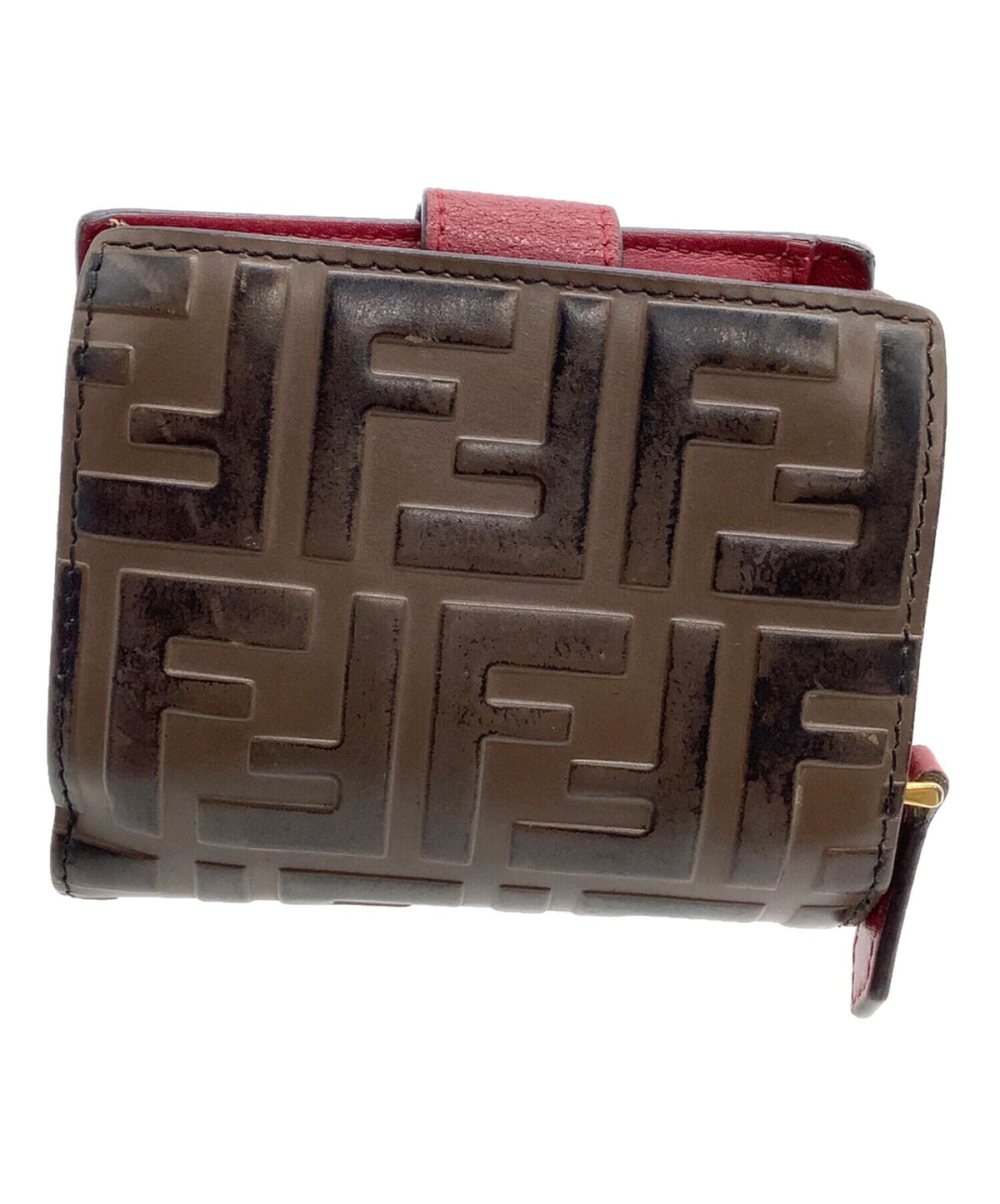 FENDI F is Fendi Zucca Bifold Wallet Brown Red Embossed Leather Gold Hardware