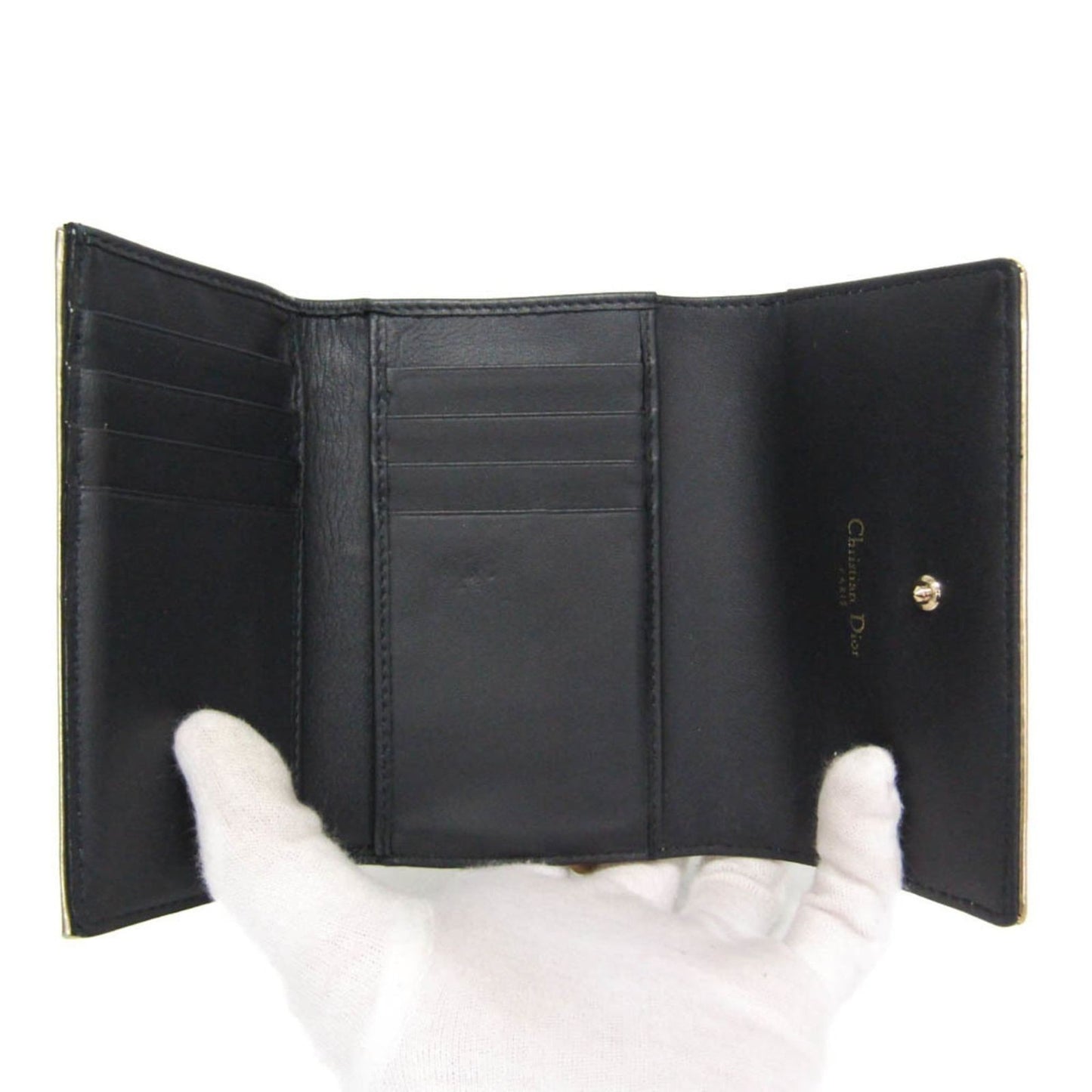 Dior Champagne Gold Micro Cannage Patent Leather Diorama Trifold Wallet Auth