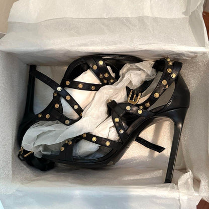Saint Laurent Paris YSL Black Leather Studded Sandals Heels Size 36.5 US 6.5