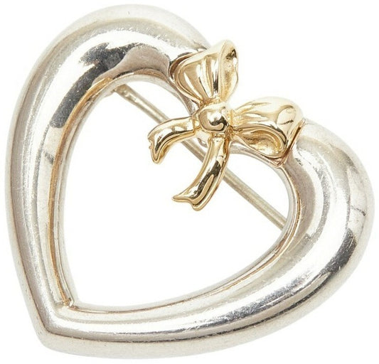 Tiffany & Co Heart Ribbon Brooch Pin Silver 925 18K Gold Two-Tone 23.9mm Auth