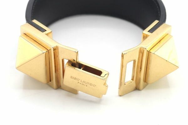SAINT LAURENT YSL Gold Tone Studded Black Leather Bracelet Bangle L 15cm 5.9in