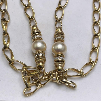 Vintage Christian Dior Gold Plated Faux Pearls Rhinestone Long Chain Necklace
