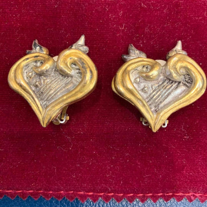 Christian Lacroix Vtg Angel Heart Clip Earrings Silver Gold Combo 2.7x3.2cm Auth