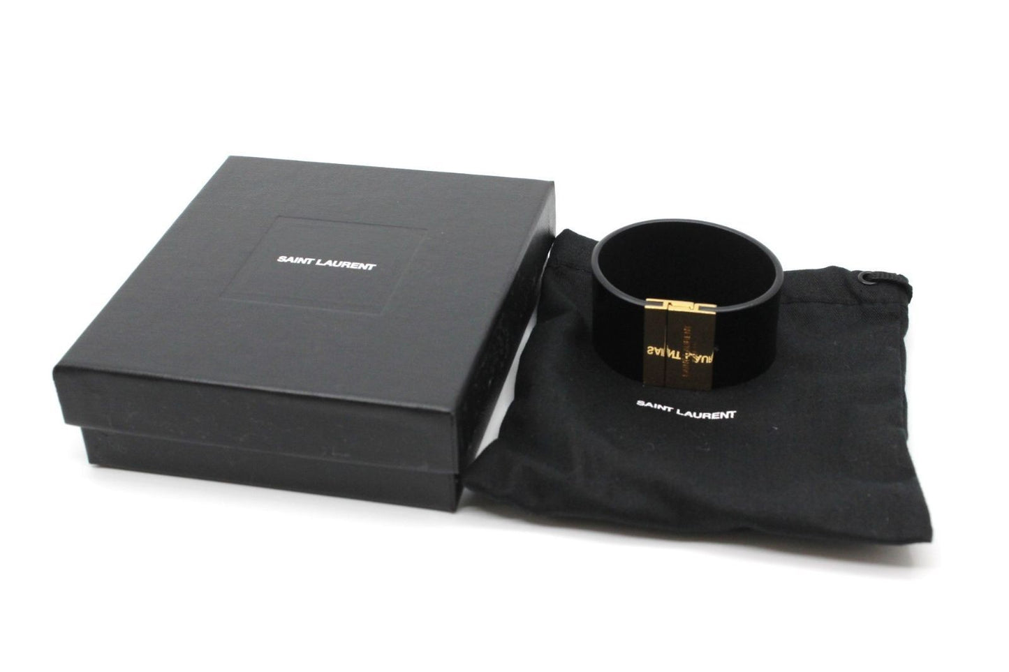 Saint Laurent Enamel Gold Tone Magnetic Closure Leather Bracelet Black Used