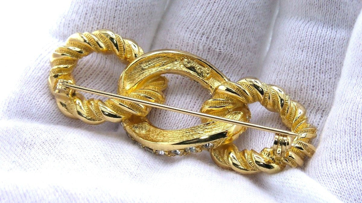 Christian Dior Twist Rope Rhinestone Brooch Pin Gold Tone Vintage Signed 3.4cm