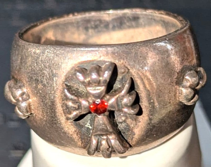 A&G Rare Silver Ring Red Ruby Stone Floral Eagle Motif Wide Band Vintage US9