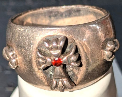 A&G Rare Silver Ring Red Ruby Stone Floral Eagle Motif Wide Band Vintage US9