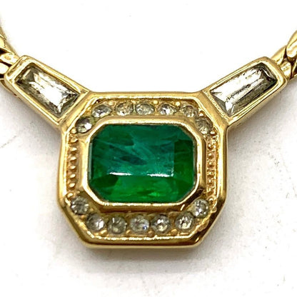 Vintage Christian Dior  Green Stone Rhinestone Gold Tone Chain Necklace 17" Used