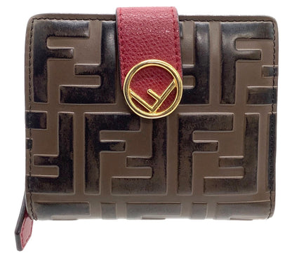 FENDI F is Fendi Zucca Bifold Wallet Brown Red Embossed Leather Gold Hardware