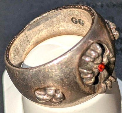 A&G Rare Silver Ring Red Ruby Stone Floral Eagle Motif Wide Band Vintage US9