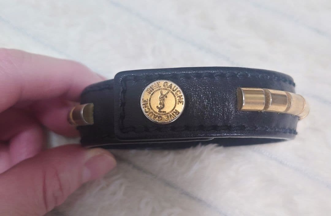 Yves Saint Laurent Rive Gauche Black Leather Studs Bracelet L 21cm 8.2" Vintage