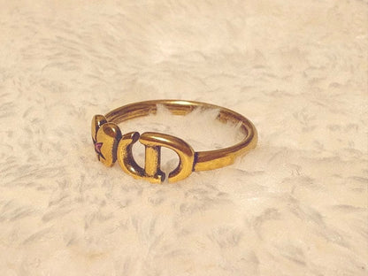 Christian Dior Lucky Charm Ring Heart Logo Antique Gold Tone Size M 52.5 US 6.25