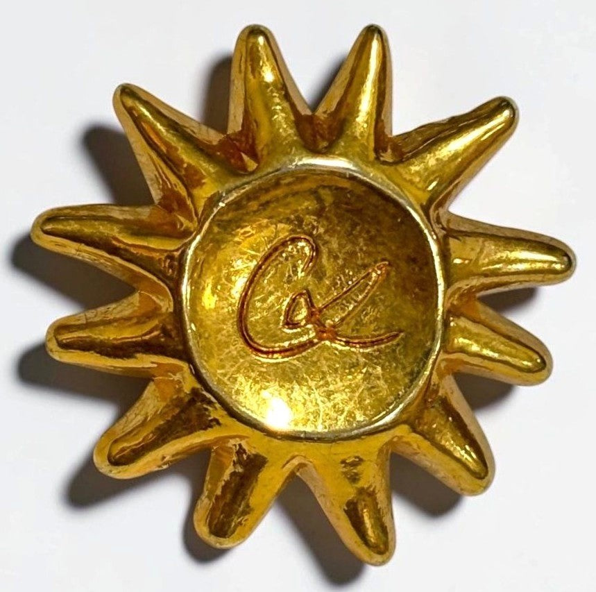 Christian Lacroix Sun Pin Brooch Gold Tone Vintage Badge Lapel Pin France Made