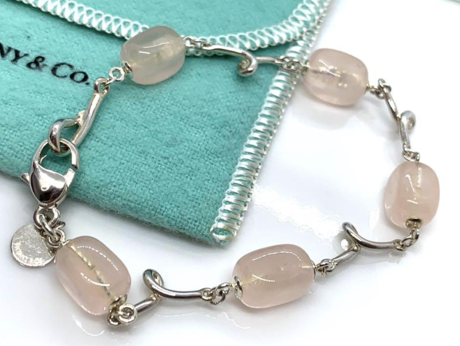 Tiffany & Co Silver 925 Pink Rose Quartz Bead Twist Link Bracelet 18.2cm 7.1"