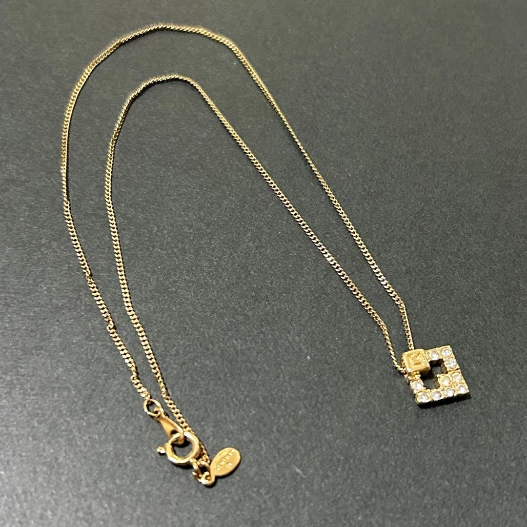 Givenchy Vtg 18KGP Gold Square Rhinestone Necklace 40 cm 15.7" Chain Used Auth