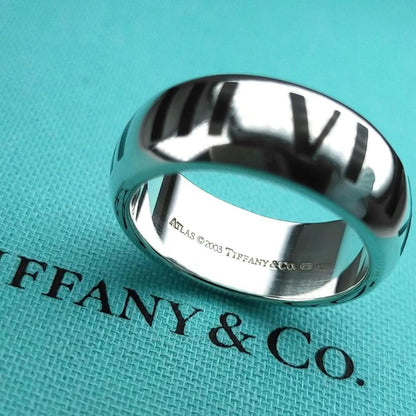 Tiffany & Co Silver 925 Wide Atlas Black Enamel Roman Numerals Ring Size US 7