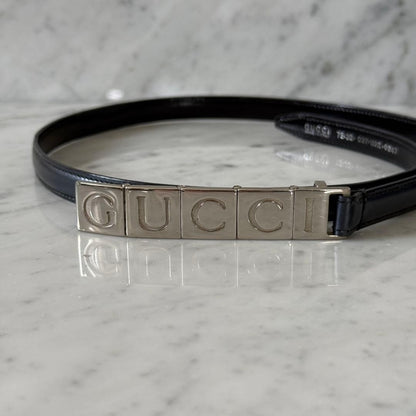 Gucci Navy Leather Logo Buckle Narrow Belt Women Size 75/30