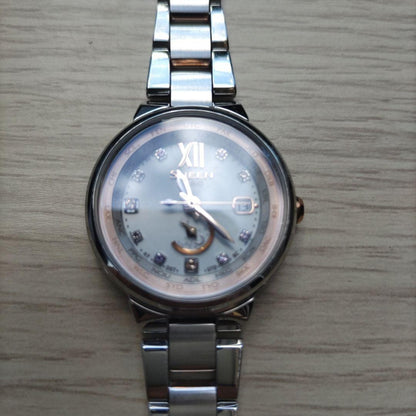 CASIO SHEEN SHW-1507 Multi Band 6 Solar Womens Watch Silver Pink Gold Stones