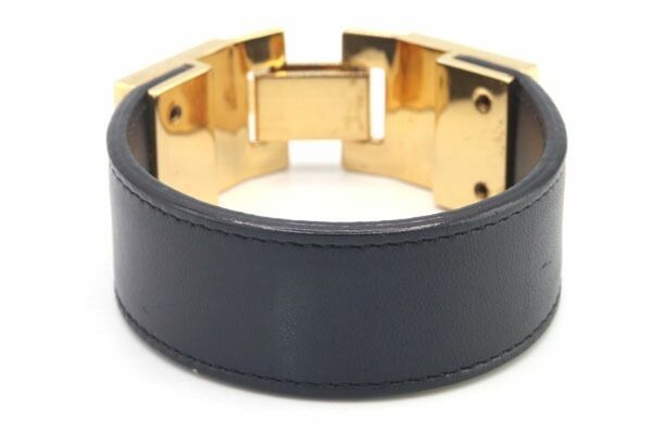 SAINT LAURENT YSL Gold Tone Studded Black Leather Bracelet Bangle L 15cm 5.9in