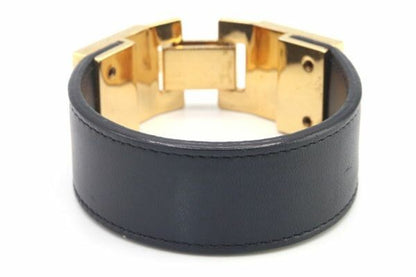 SAINT LAURENT YSL Gold Tone Studded Black Leather Bracelet Bangle L 15cm 5.9in