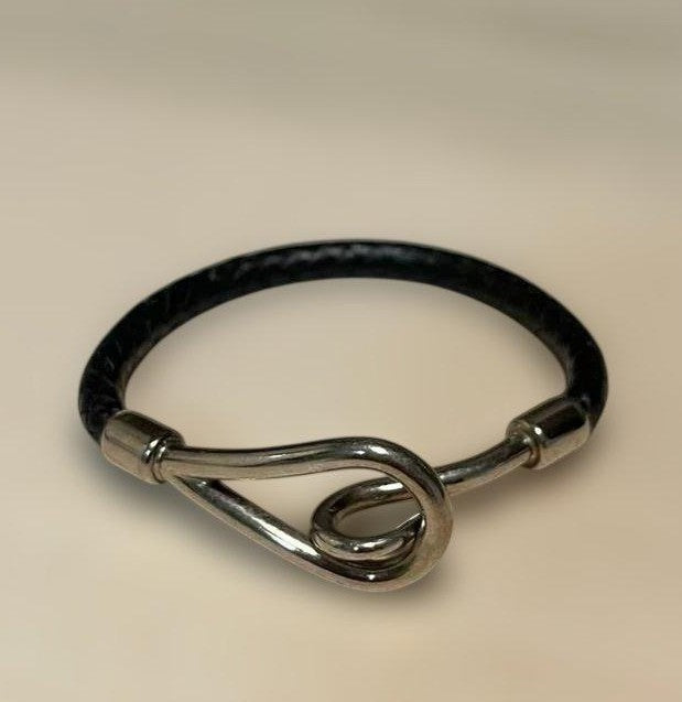 Hermes Jumbo Braided Black Leather Bangle Bracelet Hook 18cm 7in Authentic