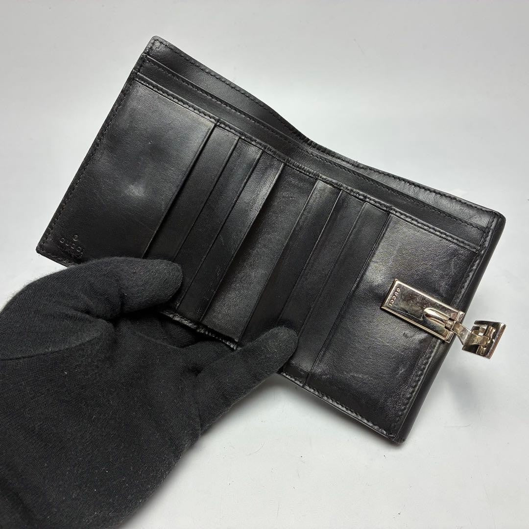 Gucci G Logo Compact Bifold Black Leather Wallet Card Slots Used