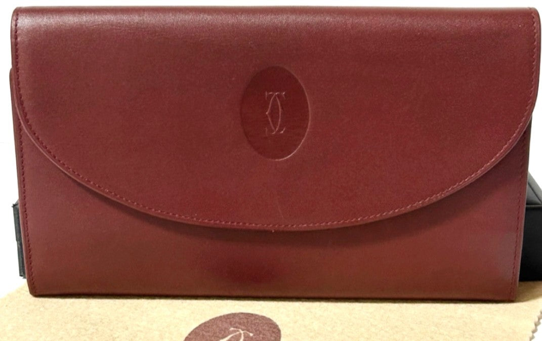 Cartier Must de Cartier Tri-Fold Long Wallet Bordeaux Leather 7.5x4.5x1" Used