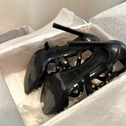 Saint Laurent Paris YSL Black Leather Studded Sandals Heels Size 36.5 US 6.5