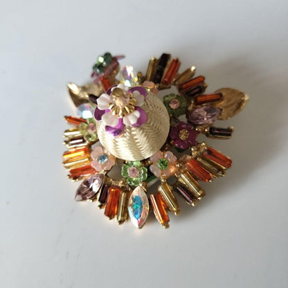Christian Lacroix Vtg Style Floral Brooch Multicolor Beads Crystal Metal Used