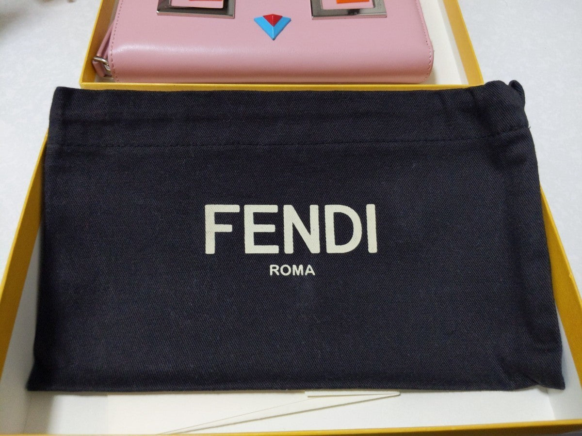 Authentic FENDI Monster Bag Bugs Eye Pink Calfskin Long Wallet Used Excellent