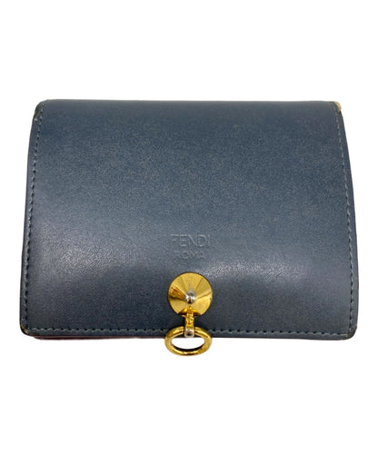 FENDI Bifold Wallet 8M0307 Blue Leather Gold Hardware O-Ring Coin Pouch Used
