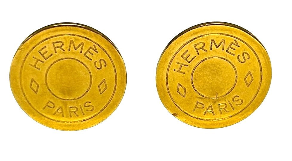 HERMES Serie Clip-On Earrings Gold Tone Metal Round Logo Vintage France Paris