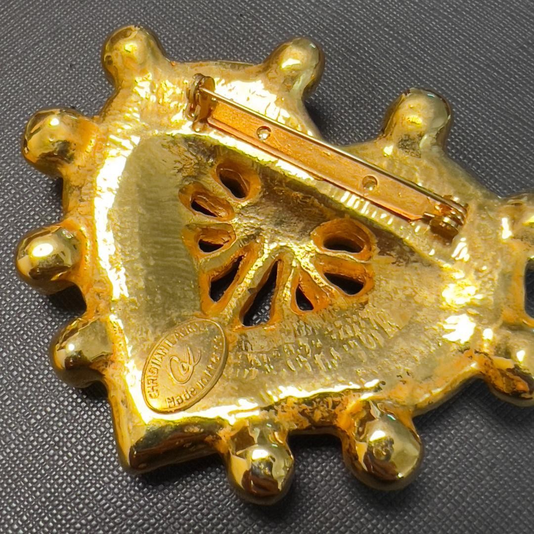Christian Lacroix Vtg Oversized Heart Brooch Gold Logo 7.5x6 cm 3.0x2.4" France
