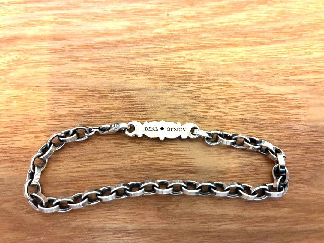 DEAL DESIGN 925 Sterling Silver Chain Bracelet Red Stone Scrollwork Used Japan
