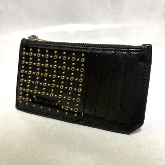 SAINT LAURENT Black Leather Studs Logo Fragment Case Card Case Coin Case