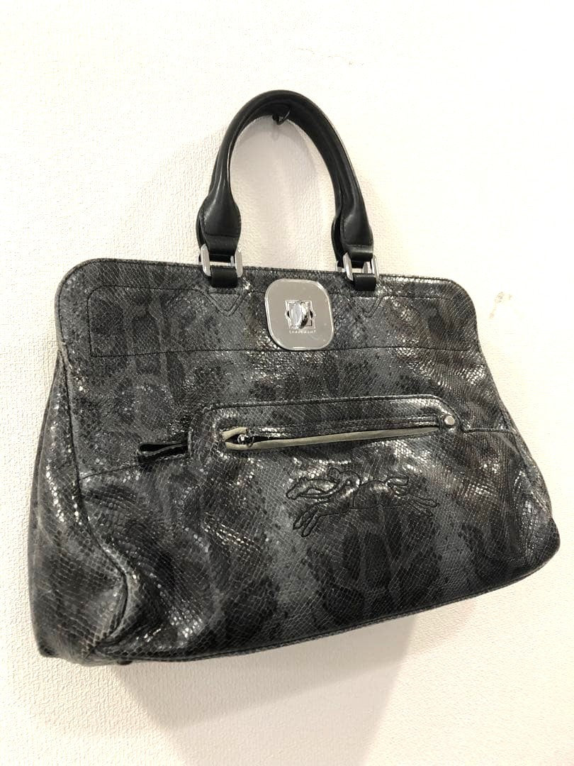 Longchamp Turn Lock Handbag Tote Exotic Leather Gray Silver HW Auth 11x15.7"